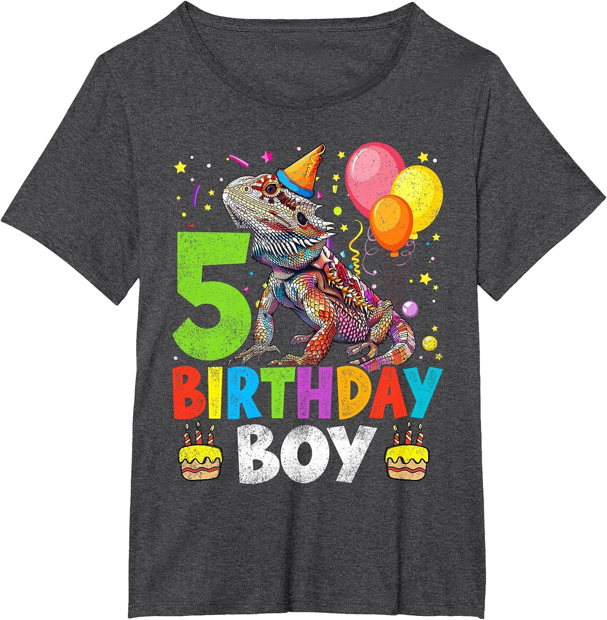 5th Birthday Boy Bearded Dragon 5 Years Old Bday Party T-Shirt - Dark Heather Grey