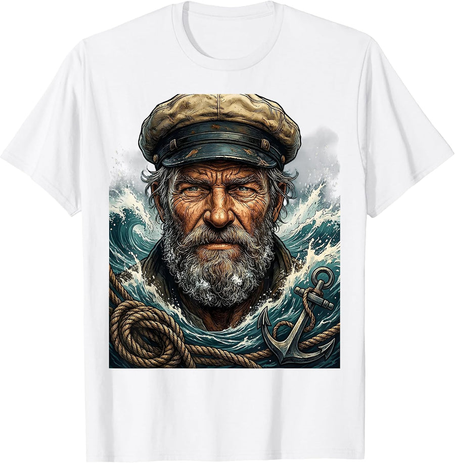 Men's Salty Old Sailor Weathered Face Sea Spray Art T-Shirt - White