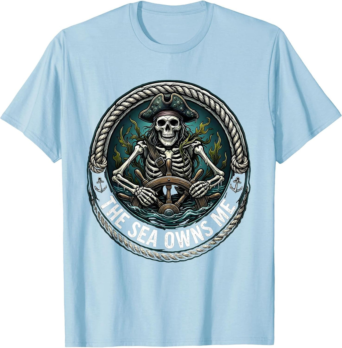 Men's The Sea Owns Me Pirate Ocean Design T-Shirt - Baby Blue