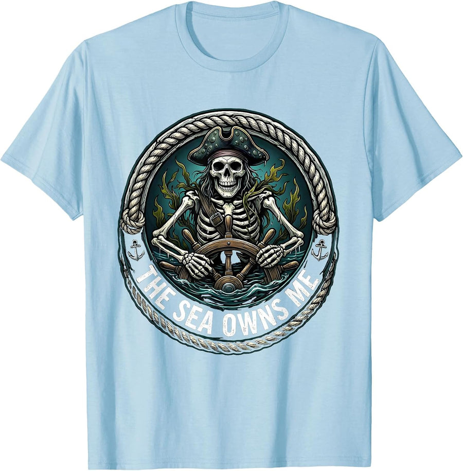 Men's The Sea Owns Me Pirate Ocean Design T-Shirt - Baby Blue