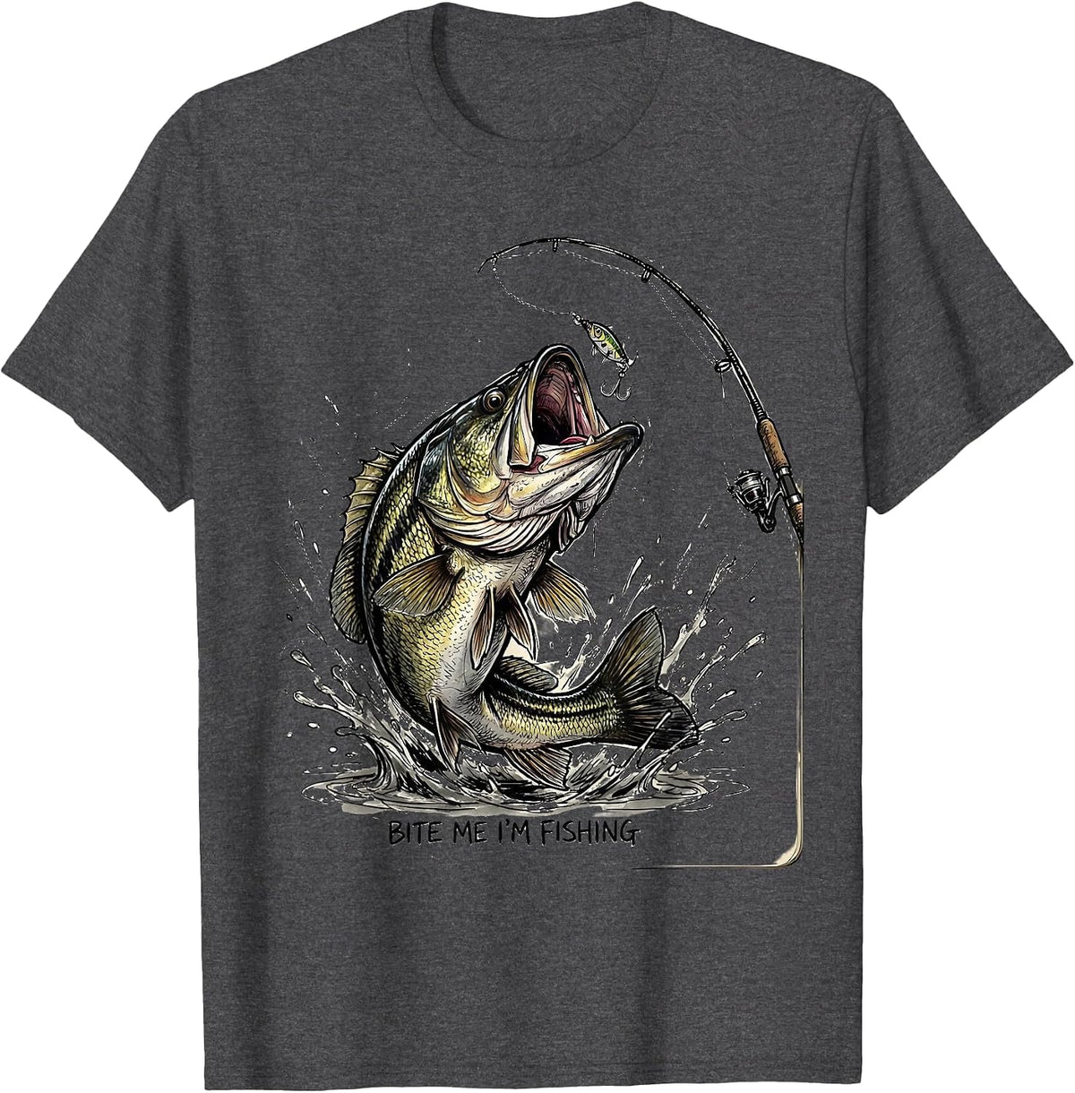 Men's Bite Me I'm Fishing Funny Angler Design T-Shirt - Dark Heather Grey