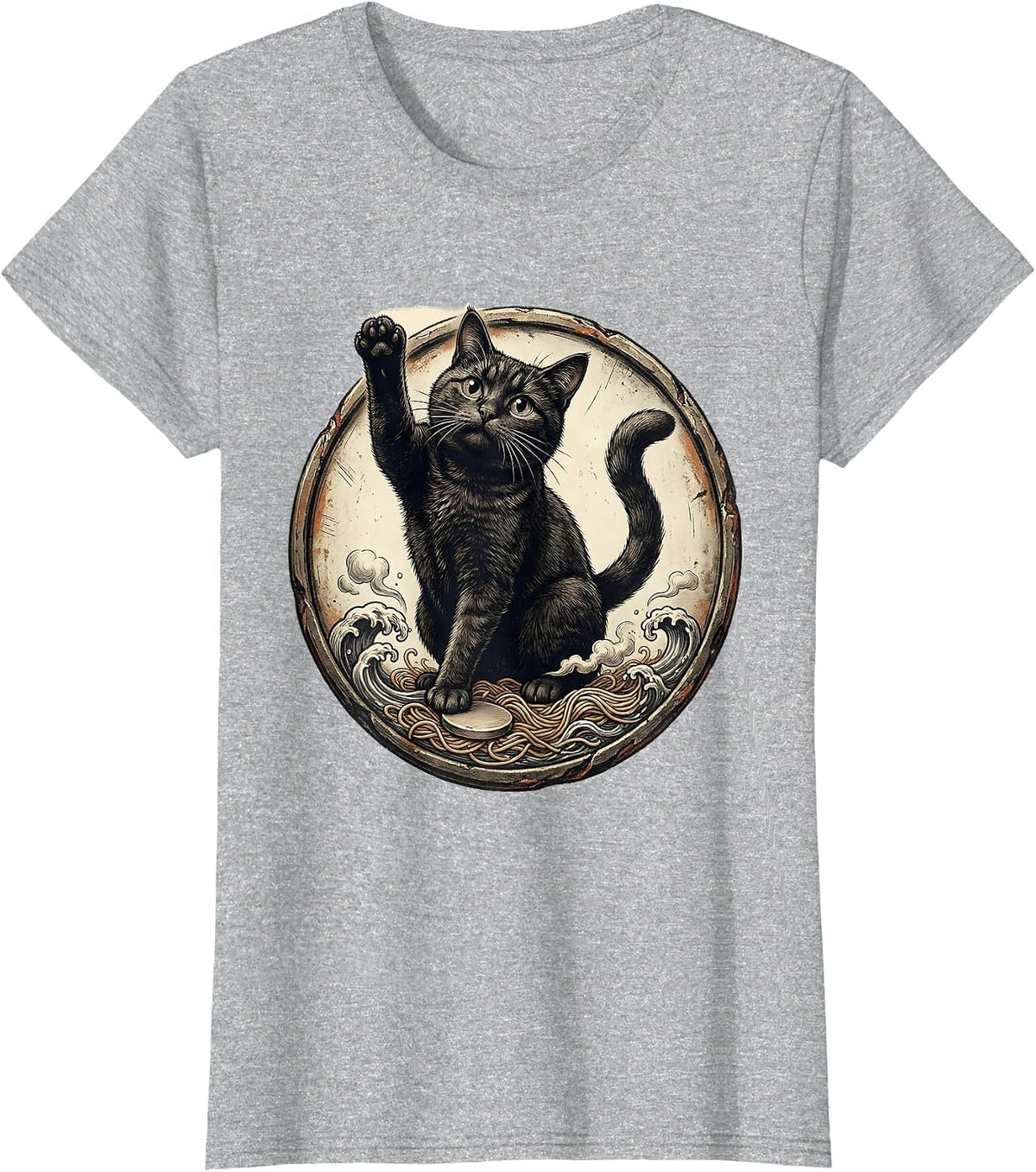 Women's Cat Kaiju Ramen Vintage Anime Art Cat Lover Gift T-Shirt - Heather Grey