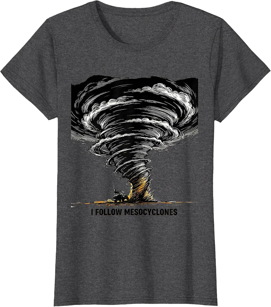 Women's I Follow Mesocyclones Scratchboard Tornado Storm Chaser T-Shirt - Dark Heather Grey