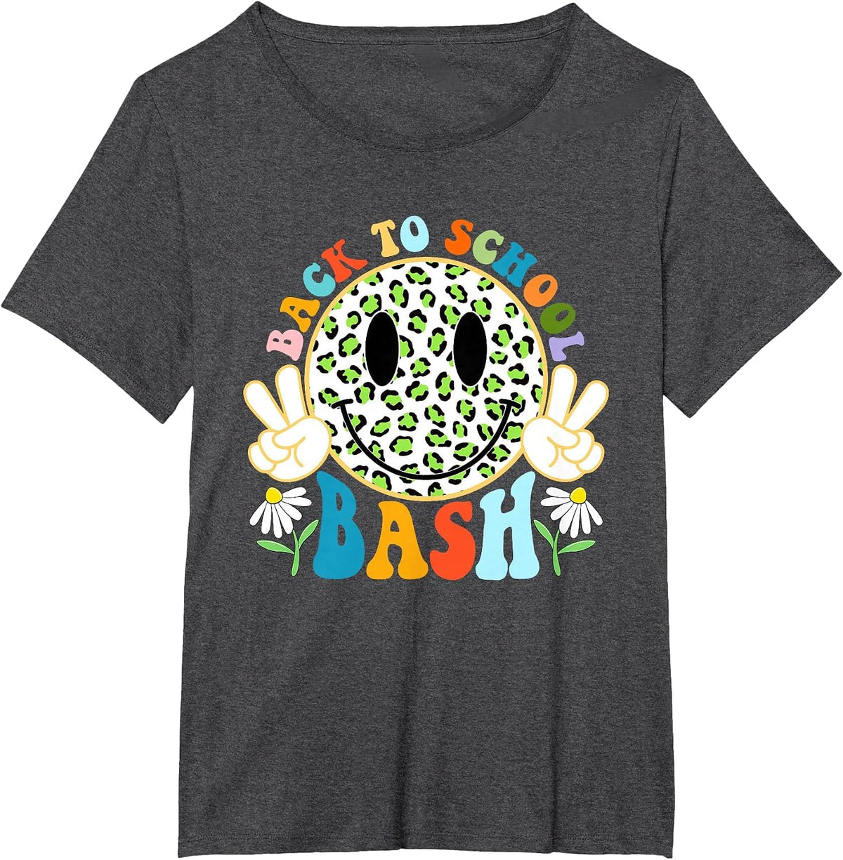 Funny Leopard Smile Face Bash Teacher Student Back to School T-Shirt - Dark Heather Grey