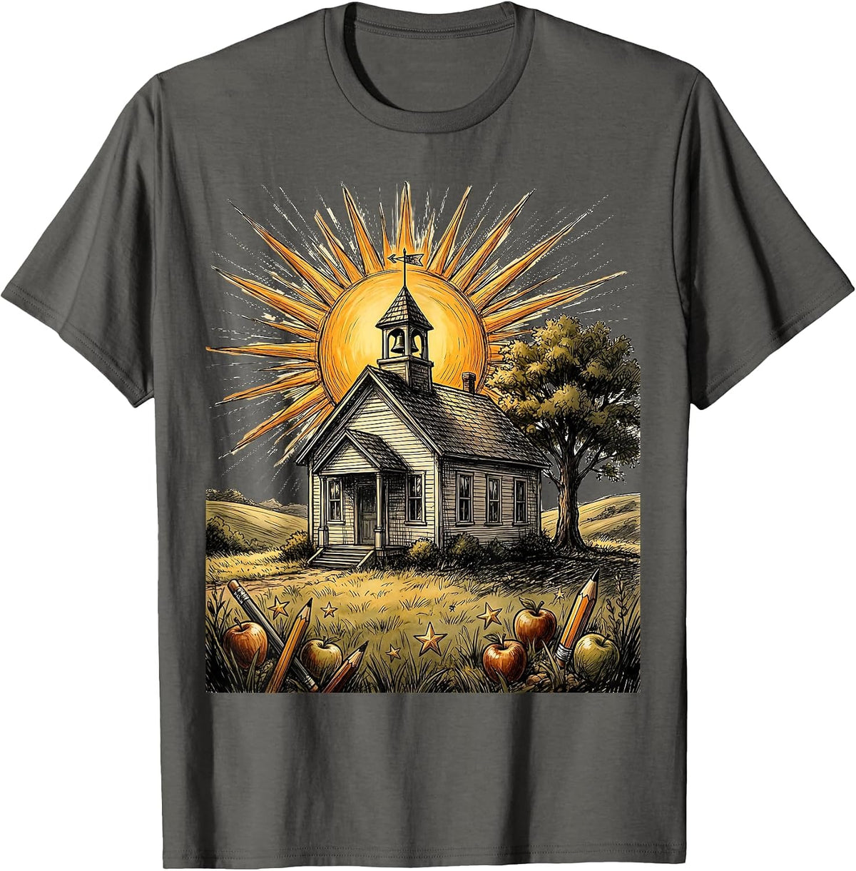 First Grade Teacher Schoolhouse Sunrise Graphic T-Shirt - Asphalt Grey