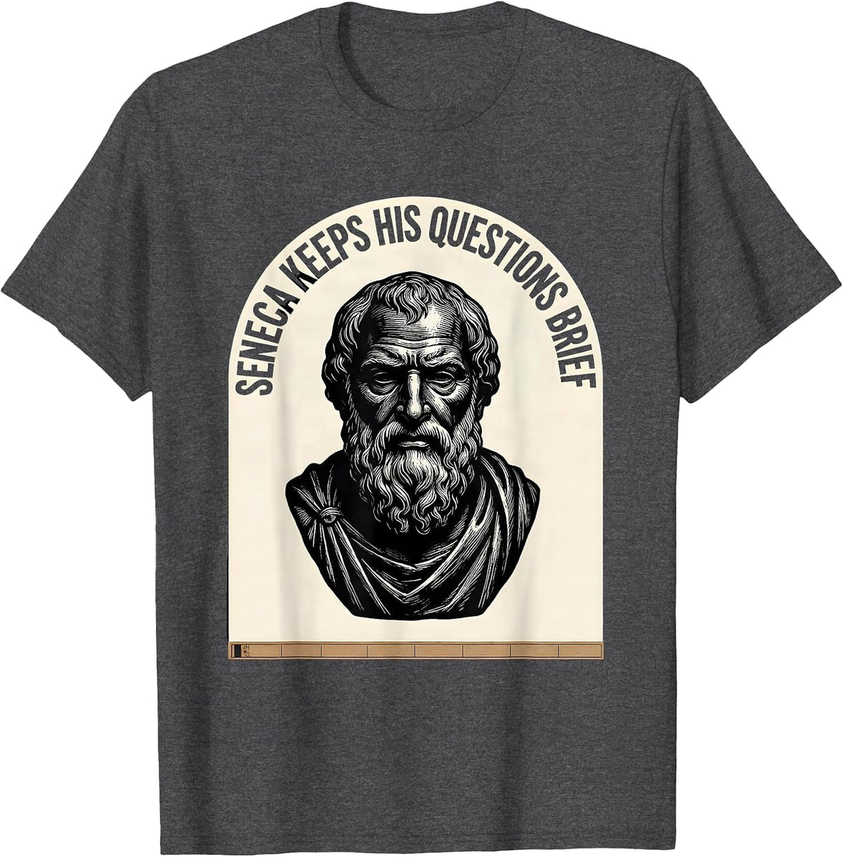 Seneca Keeps His Questions Brief Funny Philosopher Pun Meme T-Shirt - Dark Heather Grey