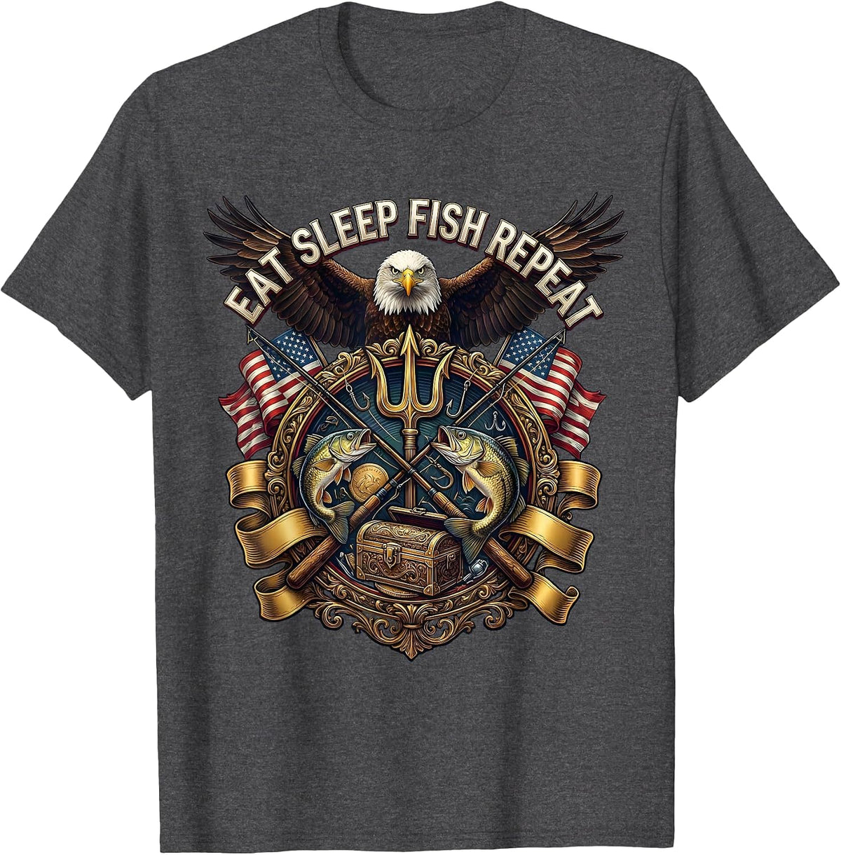 Eat Sleep Fish Repeat Fishing Graphic Design T-Shirt - Dark Heather Grey