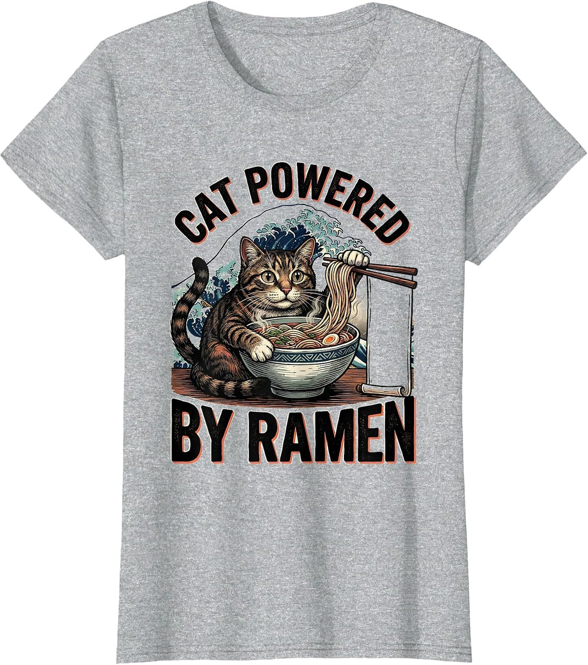 Women's Cat Powered By Ramen Funny Kawaii Anime Cat Gift T-Shirt - Heather Grey