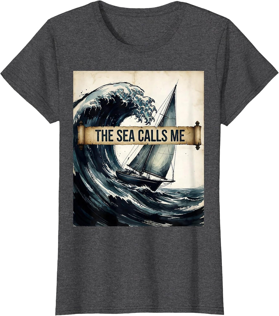 Women's The Sea Calls Me Sailor Nautical Design T-Shirt - Dark Heather Grey