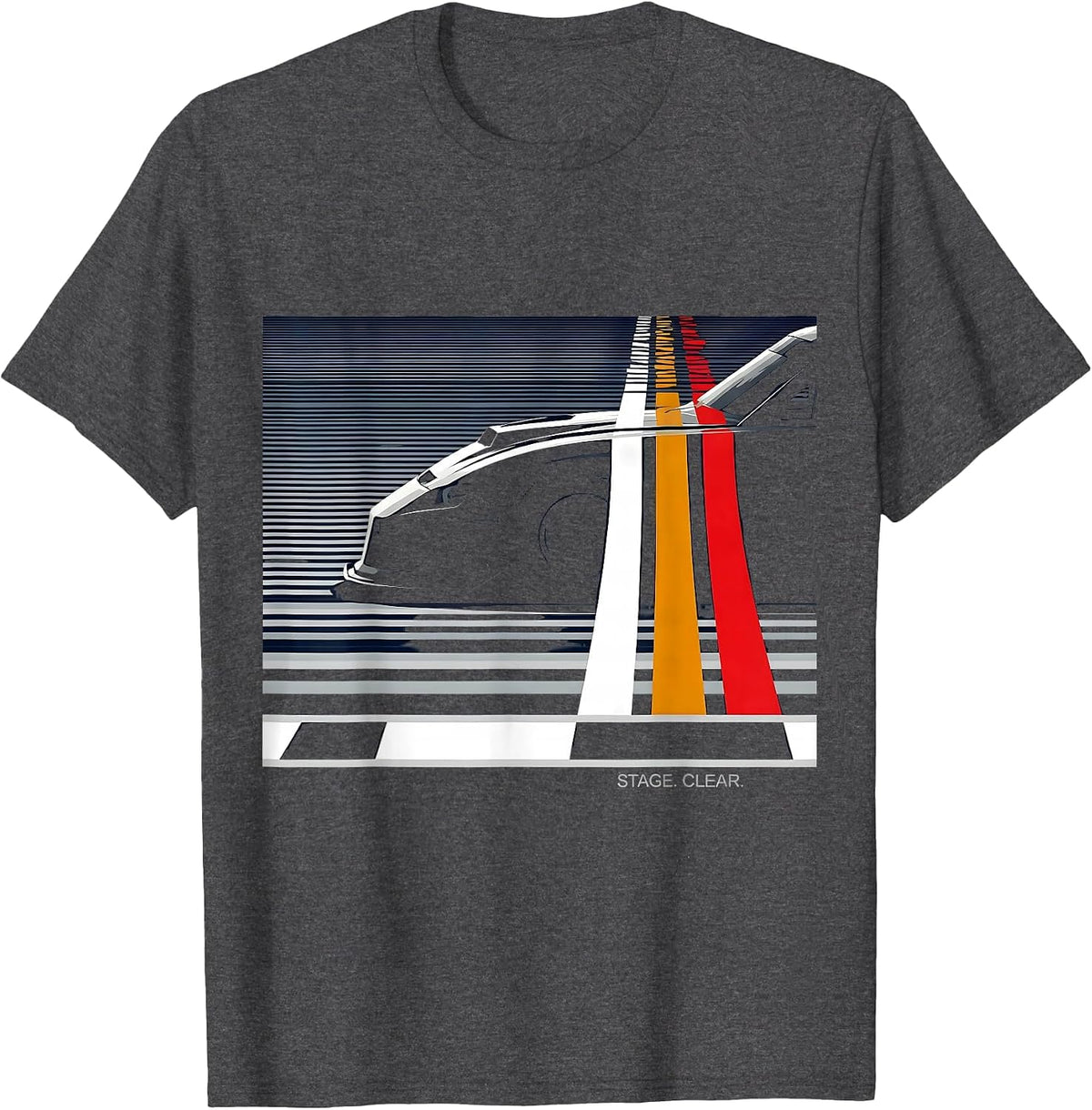 Stage. Clear Disrupted Stripe Drag Racing RC Car Enthusiast T-Shirt - Dark Heather Grey