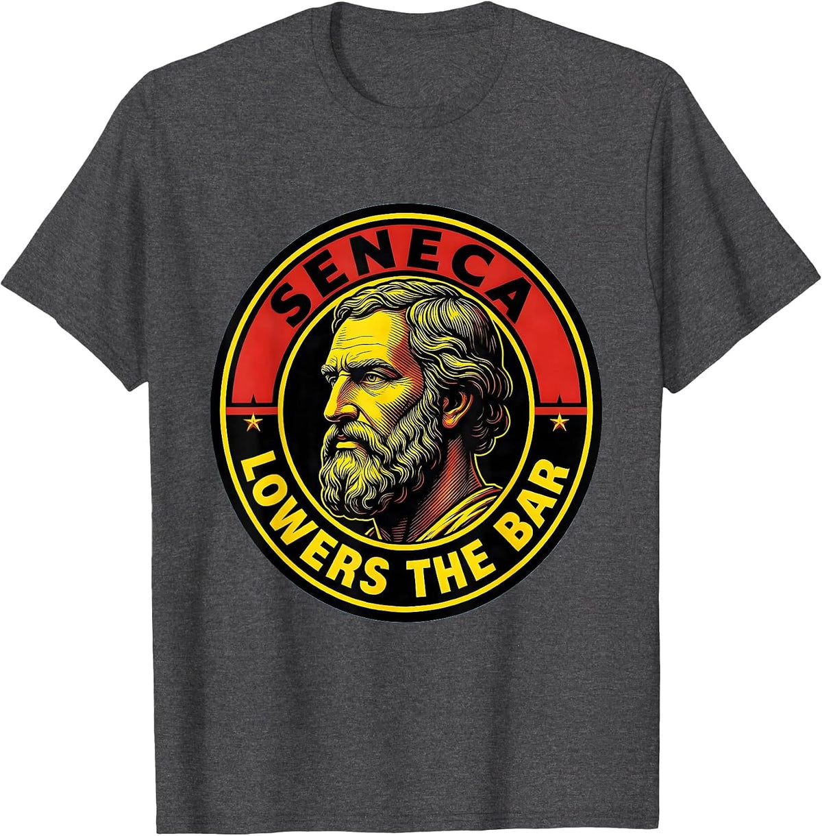 Men's Seneca Lowers The Bar Funny Philosopher Pun History Meme T-Shirt - Dark Heather Grey