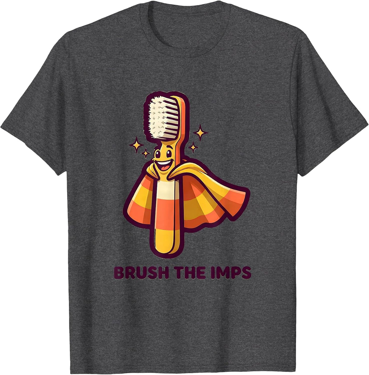 Men's Brush the Imps Mascot Logo Funny Dental Halloween Costume T-Shirt - Dark Heather Grey