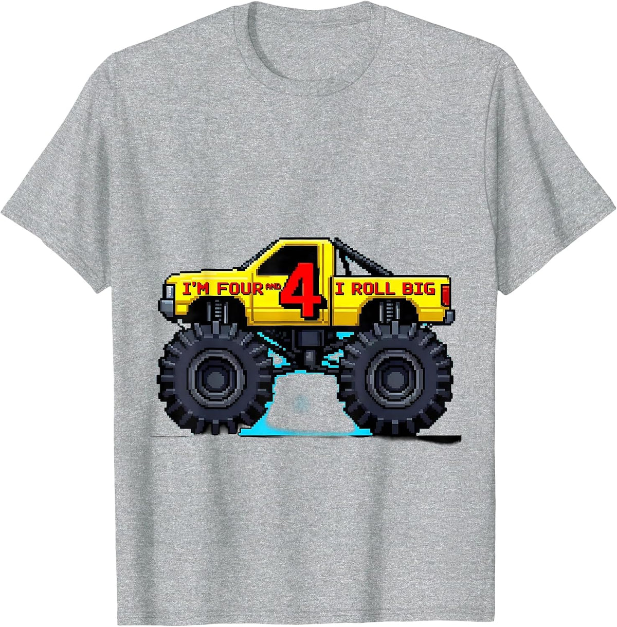 Men's I'm Four and I Roll Big Pixel Art Monster Truck Birthday Boy T-Shirt - Heather Grey