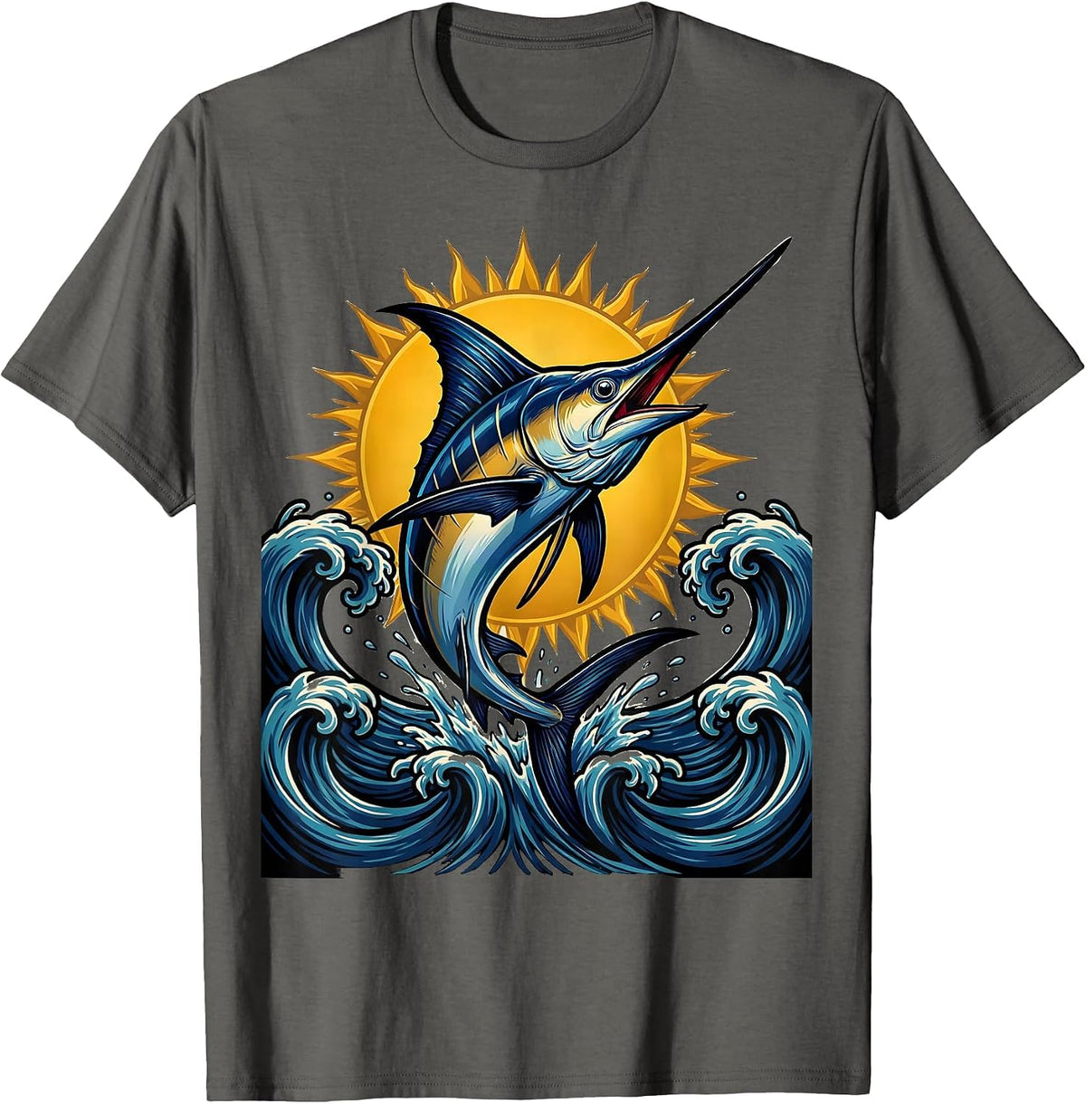 Caribbean Marlin Leaping at Sunset Illustration T-Shirt - Asphalt Grey