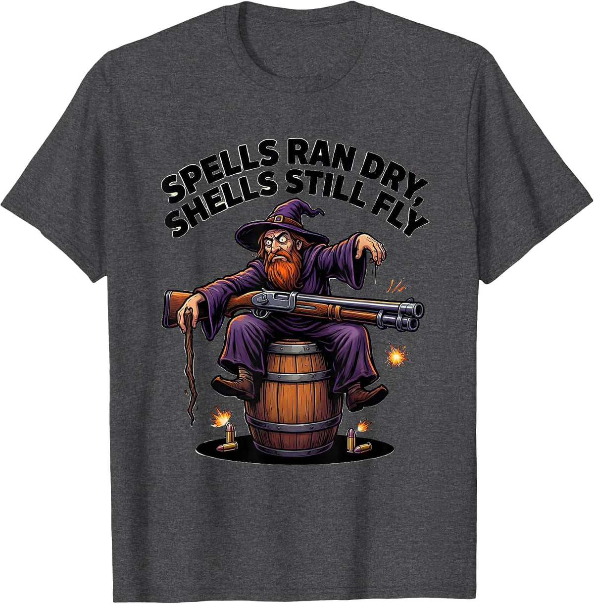 Men's Spells Ran Dry Shells Still Fly Cartoon Wizard Meme Humor T-Shirt - Dark Heather Grey