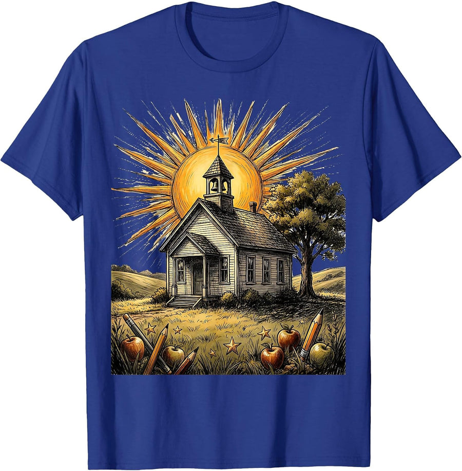 First Grade Teacher Schoolhouse Sunrise Graphic T-Shirt - Royal Blue