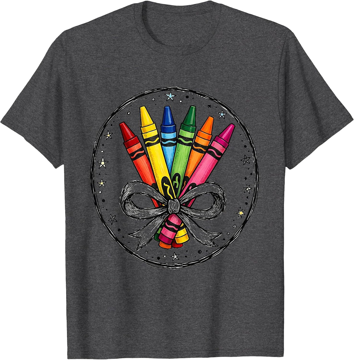Men's Kindergarten Teacher Crayon Bundle Bow Graphic T-Shirt - Dark Heather Grey
