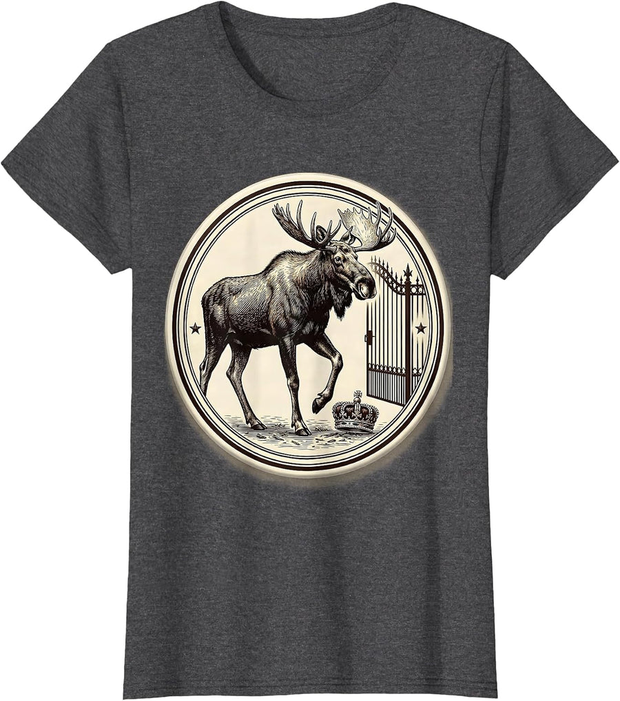 Women's Bull Moose Badge Political Satire Roosevelt Tribute T-Shirt - Dark Heather Grey