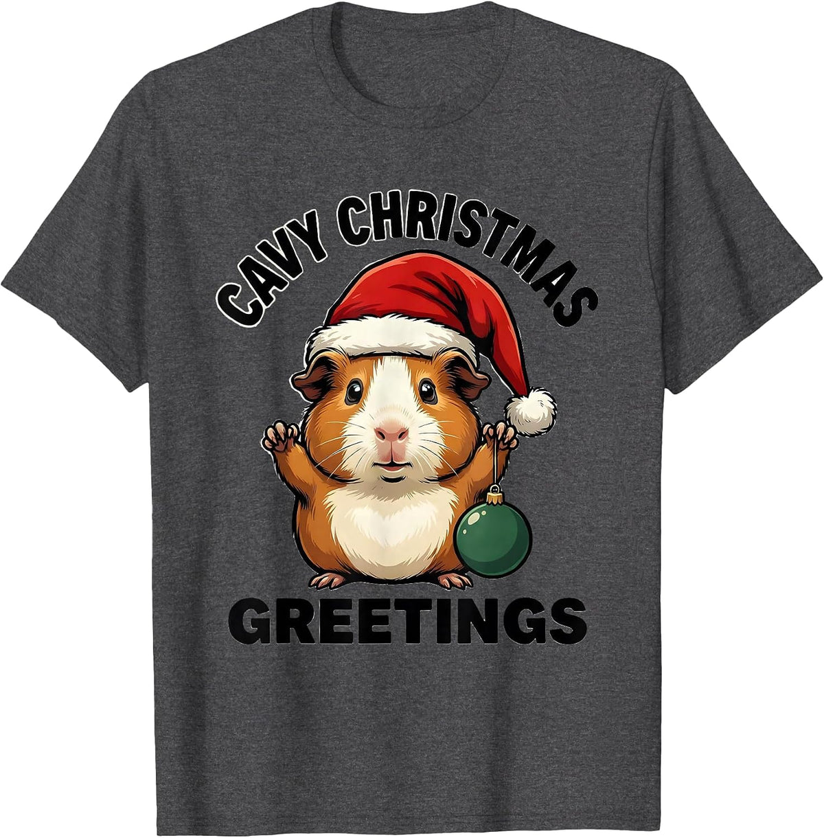 Men's Cavy Christmas Greetings Cartoon Guinea Pig Santa Hat Humor T-Shirt - Dark Heather Grey