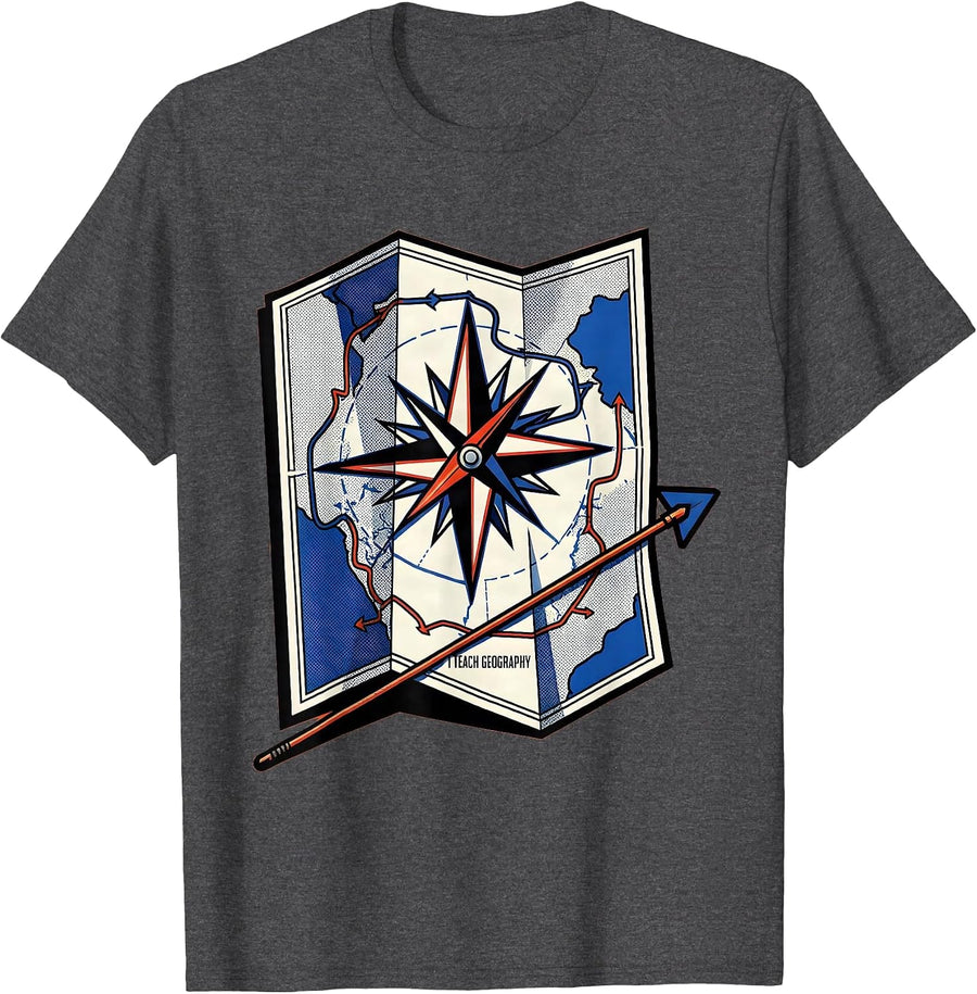 Men's I Teach Geography Pop Art Teacher Back To School Classroom T-Shirt - Dark Heather Grey