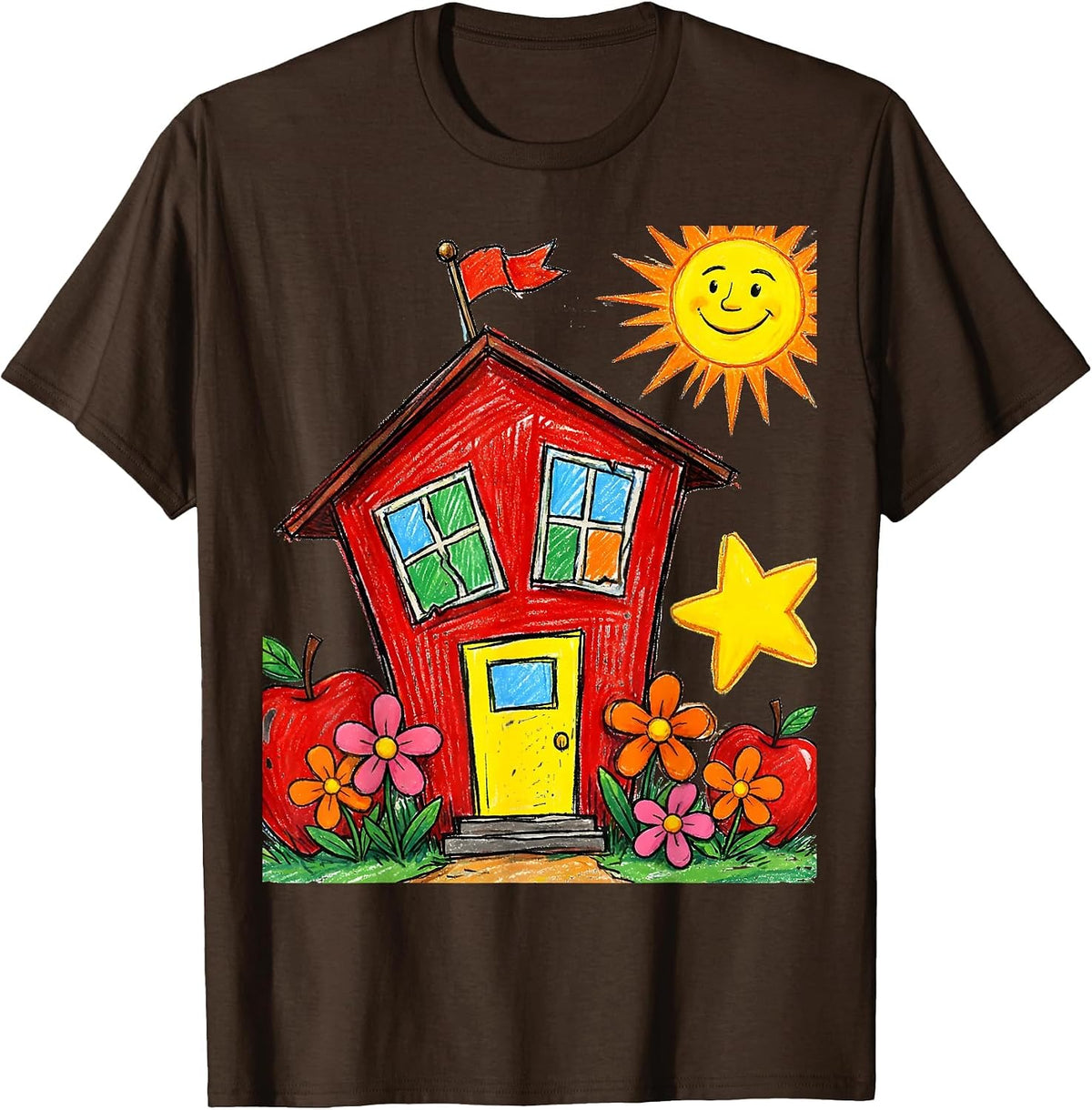 First Grade Teacher Schoolhouse Graphic T-Shirt - Brown
