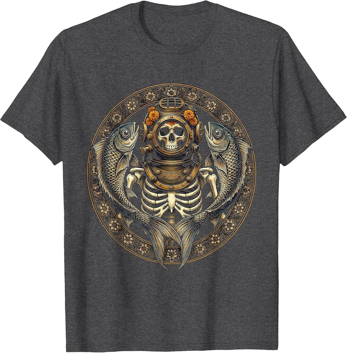 Men's Dia de los Muertos Skeleton Deep Sea Diver T-Shirt - Dark Heather Grey