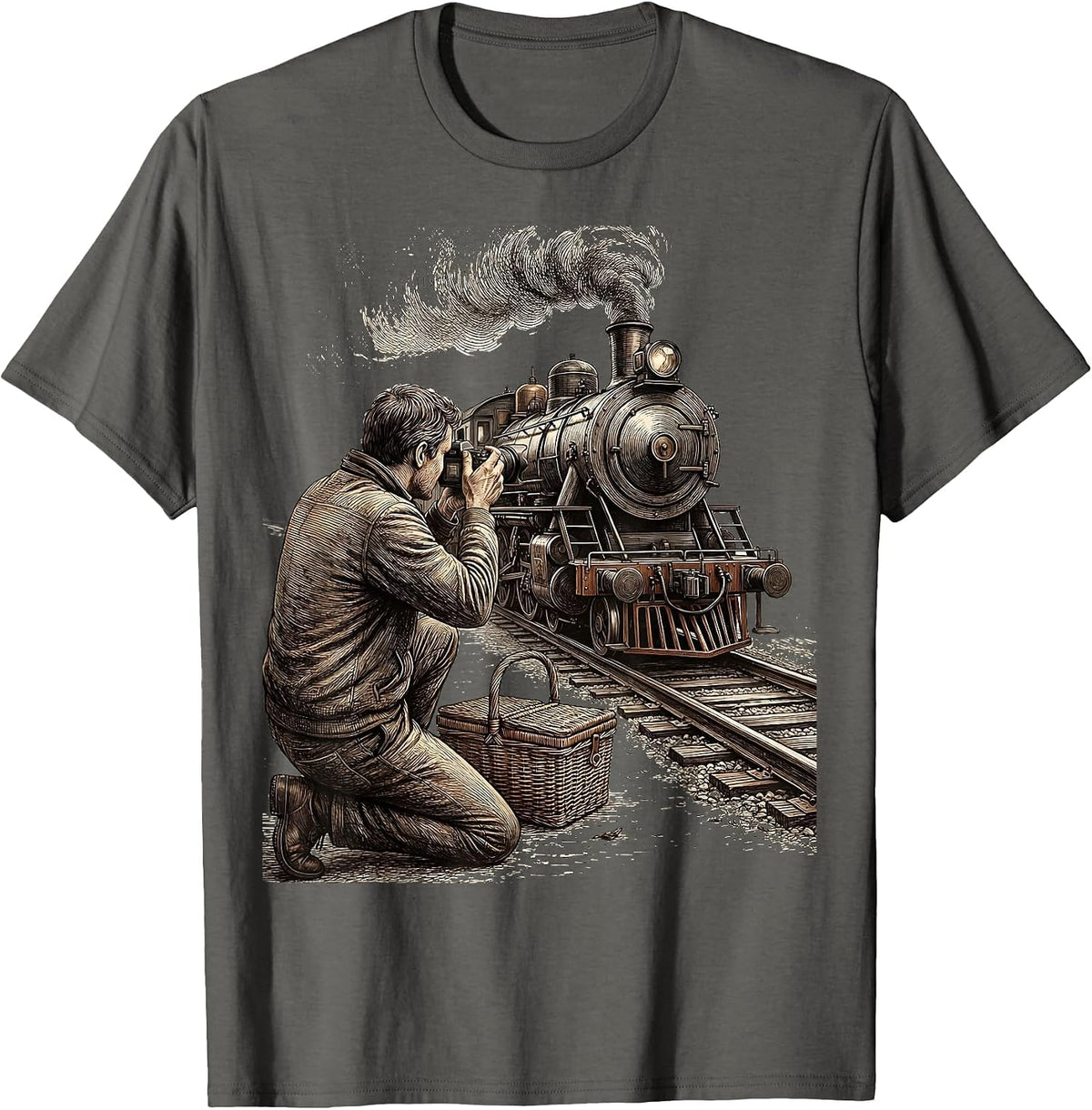 Trainspotter Kneeling Steam Locomotive Crosshatch Etching T-Shirt - Asphalt Grey