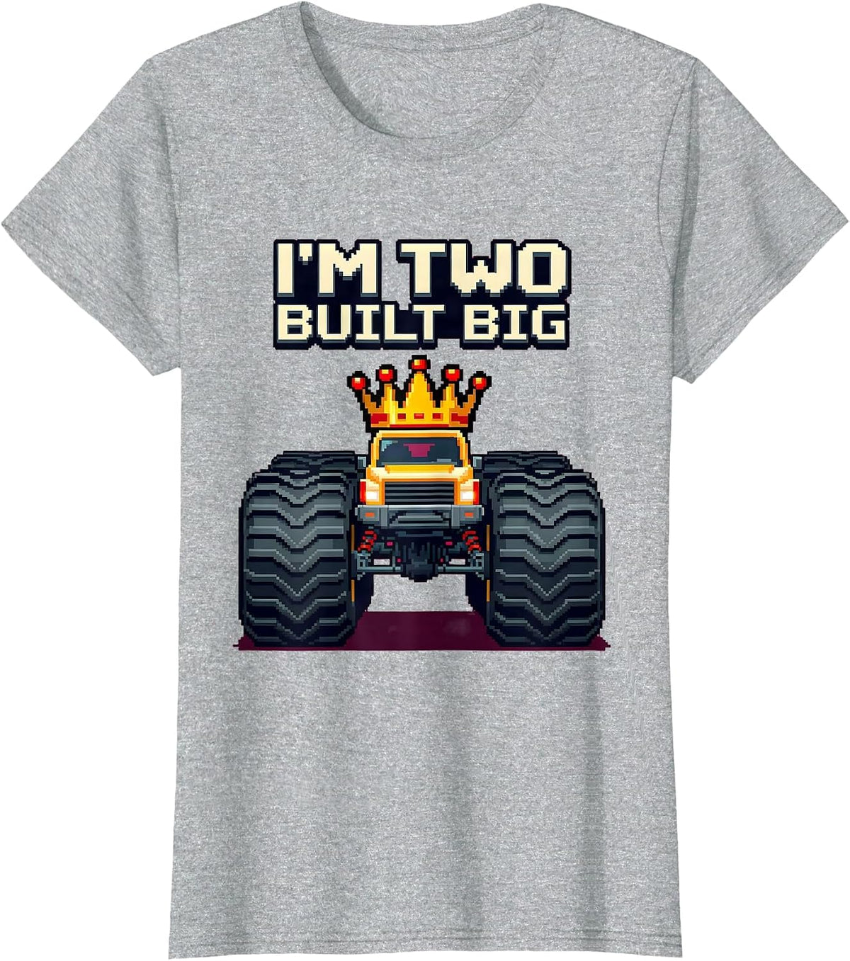 I'm Two, Built Big Pixel Art Monster Truck Boys Birthday T-Shirt - Heather Grey