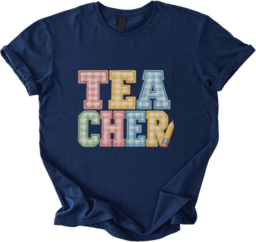 Amazon Bulk 28 05 Gingham Applique Teacher Tshirt Unisex T-Shirt - Navy