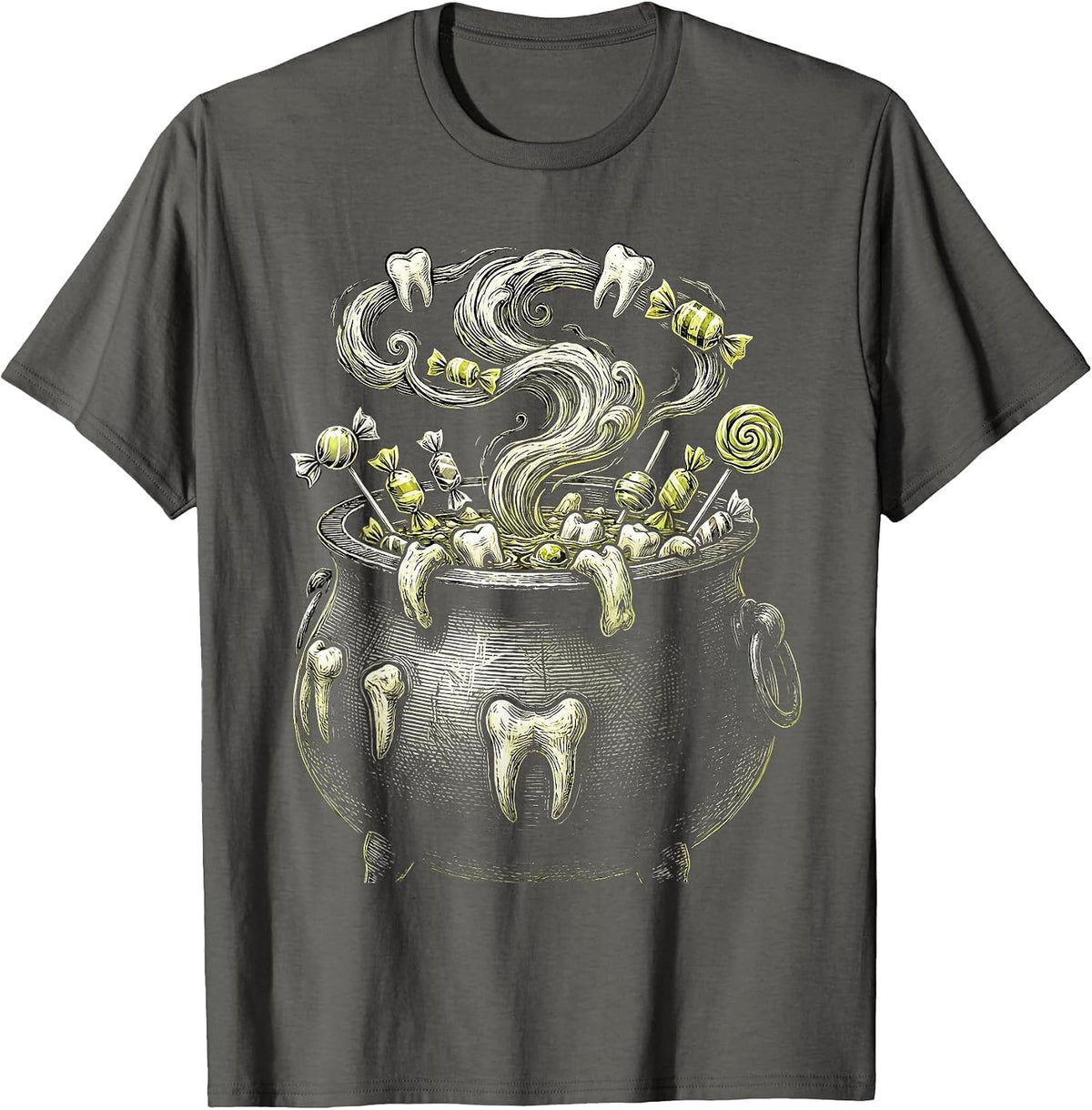 Men's Dental Halloween Cauldron Teeth and Candy Design T-Shirt - Asphalt Grey