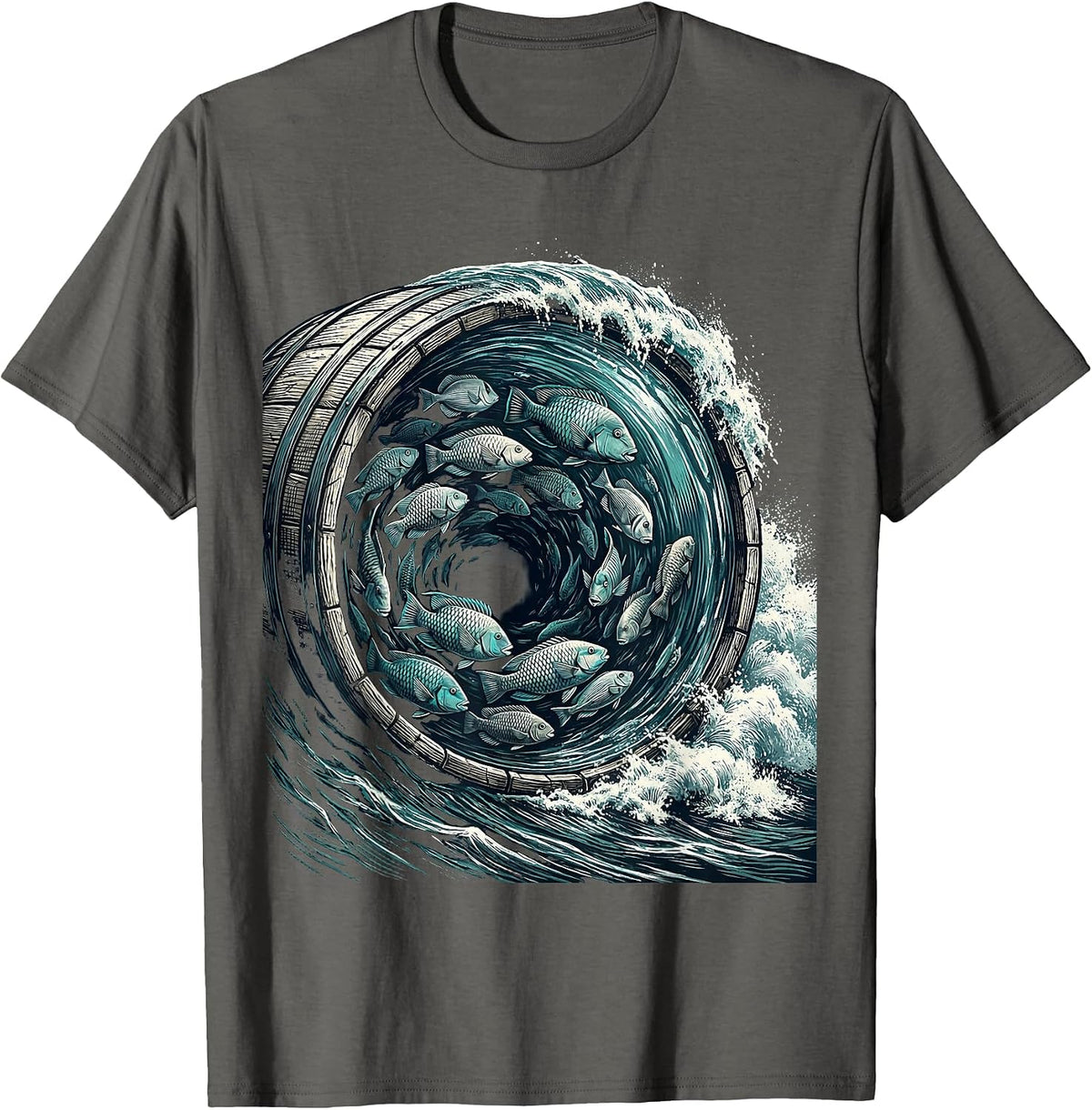 Tropical Fish Schooling Inside a Hollow Wave T-Shirt - Asphalt Grey