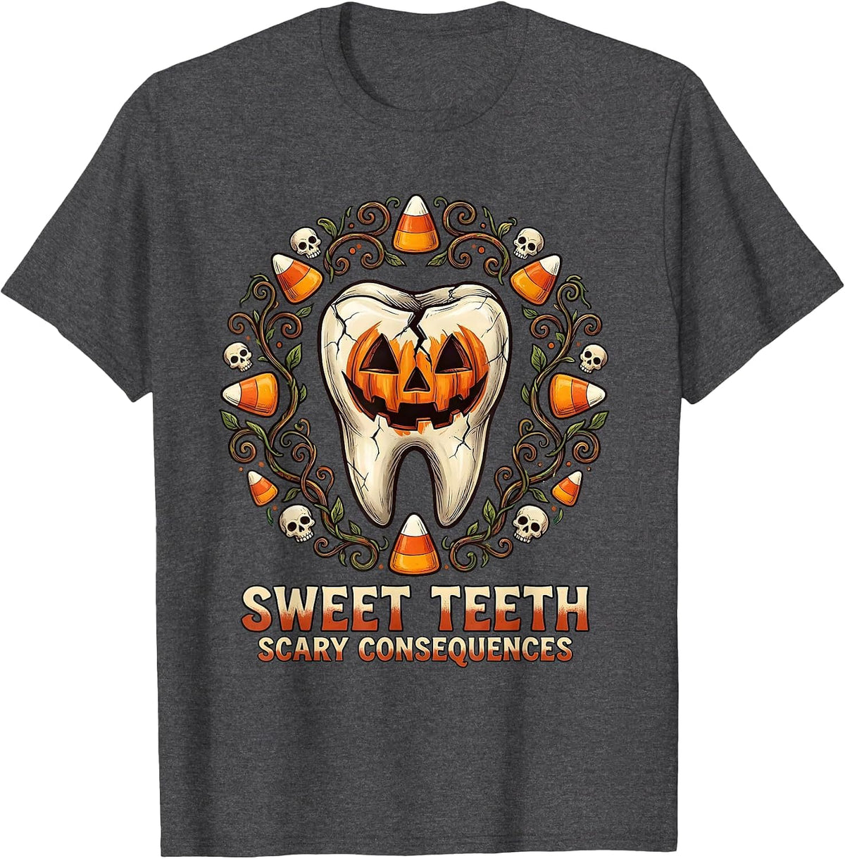 Men's Sweet Teeth Scary Consequences Dental Halloween T-Shirt - Dark Heather Grey