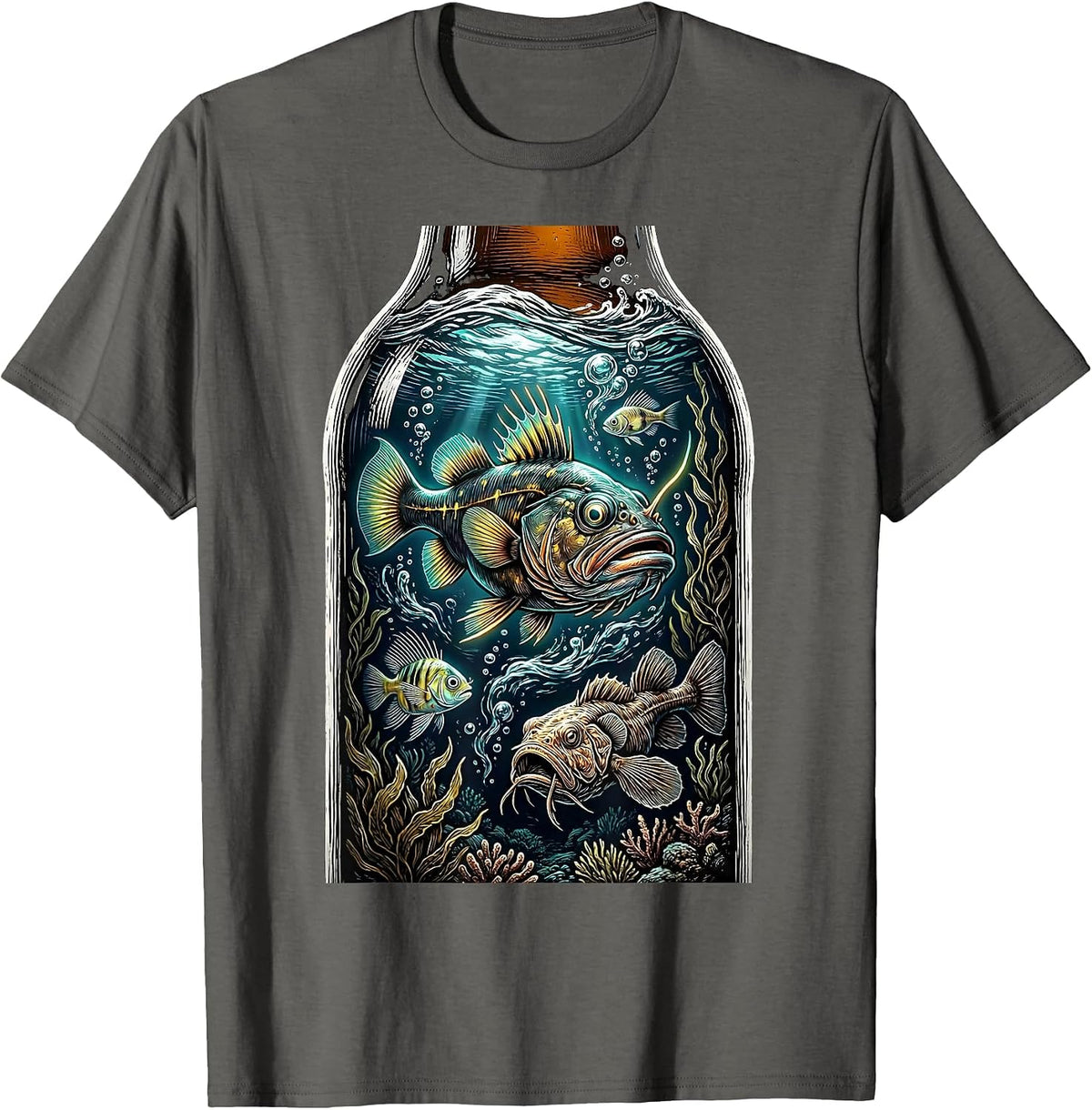 Men's Deep Sea Fish in a Beer Bottle Illustration T-Shirt - Asphalt Grey