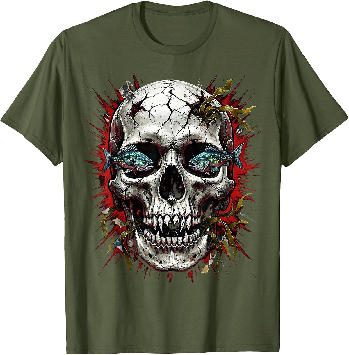 Men's Deep Ocean Skull Halloween Graphic Tee T-Shirt - Olive Green