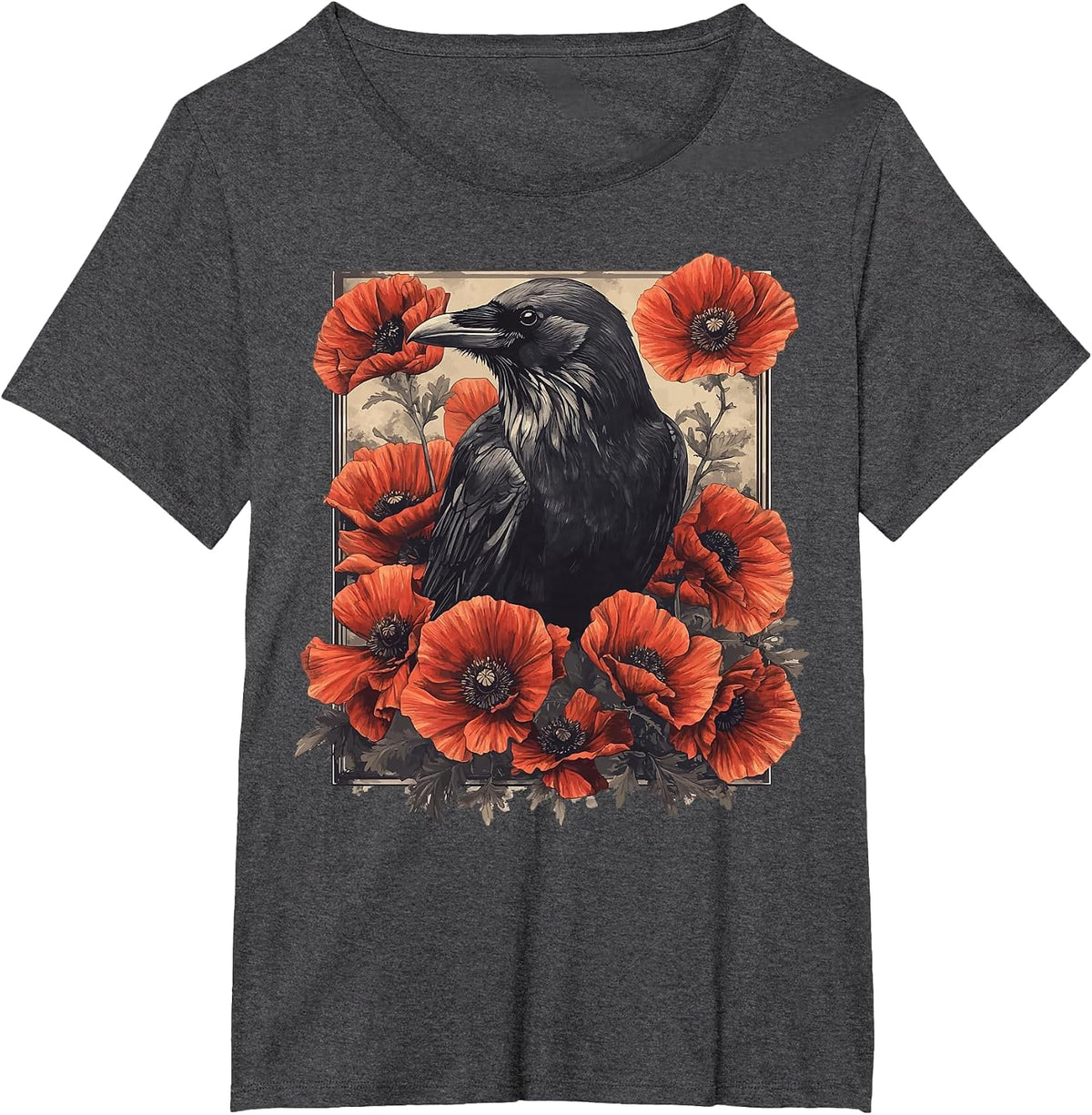 Raven Red Flowers Floral T-Shirt - Dark Heather Grey