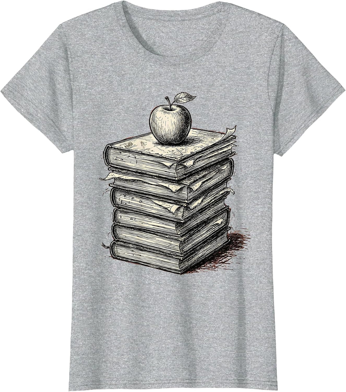 Music Teacher Worn Books and Apple Graphic T-Shirt - Heather Grey