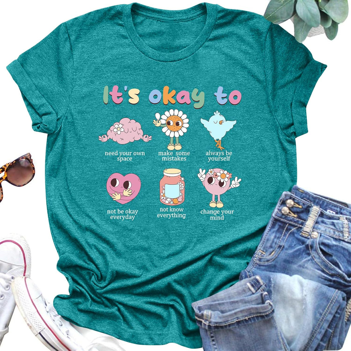Mental Health Shirt for Women It's Okay to Make Some Mistakes Letter Print Tshirt Mental Health Gifts Tops - Cyan