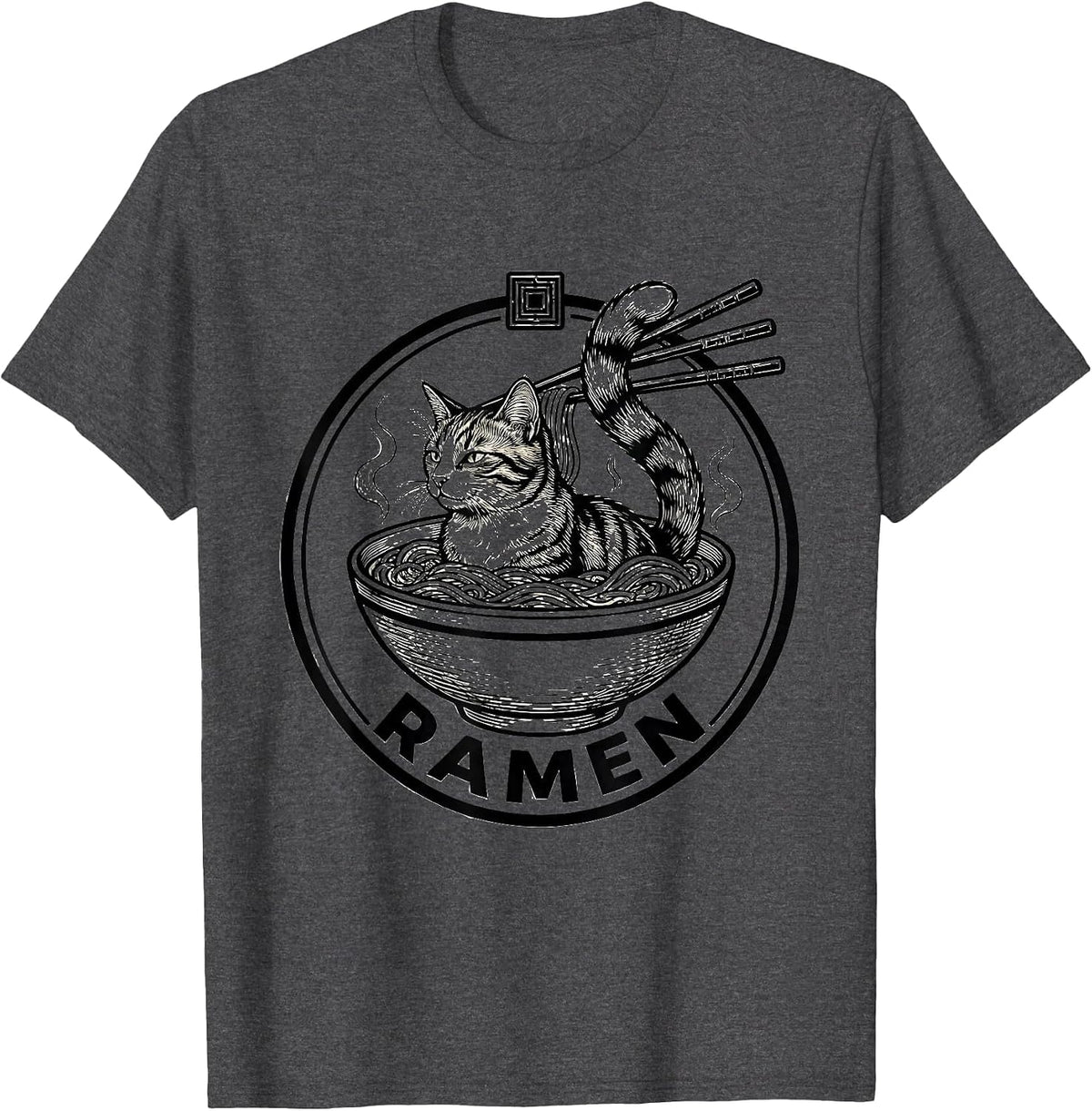 Ramen Cat Badge Kawaii Anime Funny Graphic T-Shirt - Dark Heather Grey