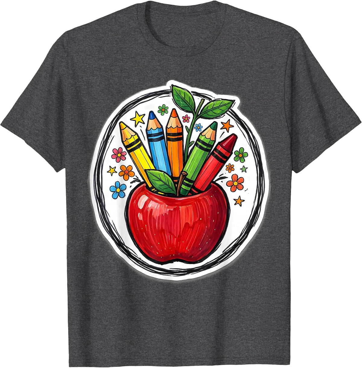 Men's Kindergarten Teacher Apple Crayon Pencil Design T-Shirt - Dark Heather Grey