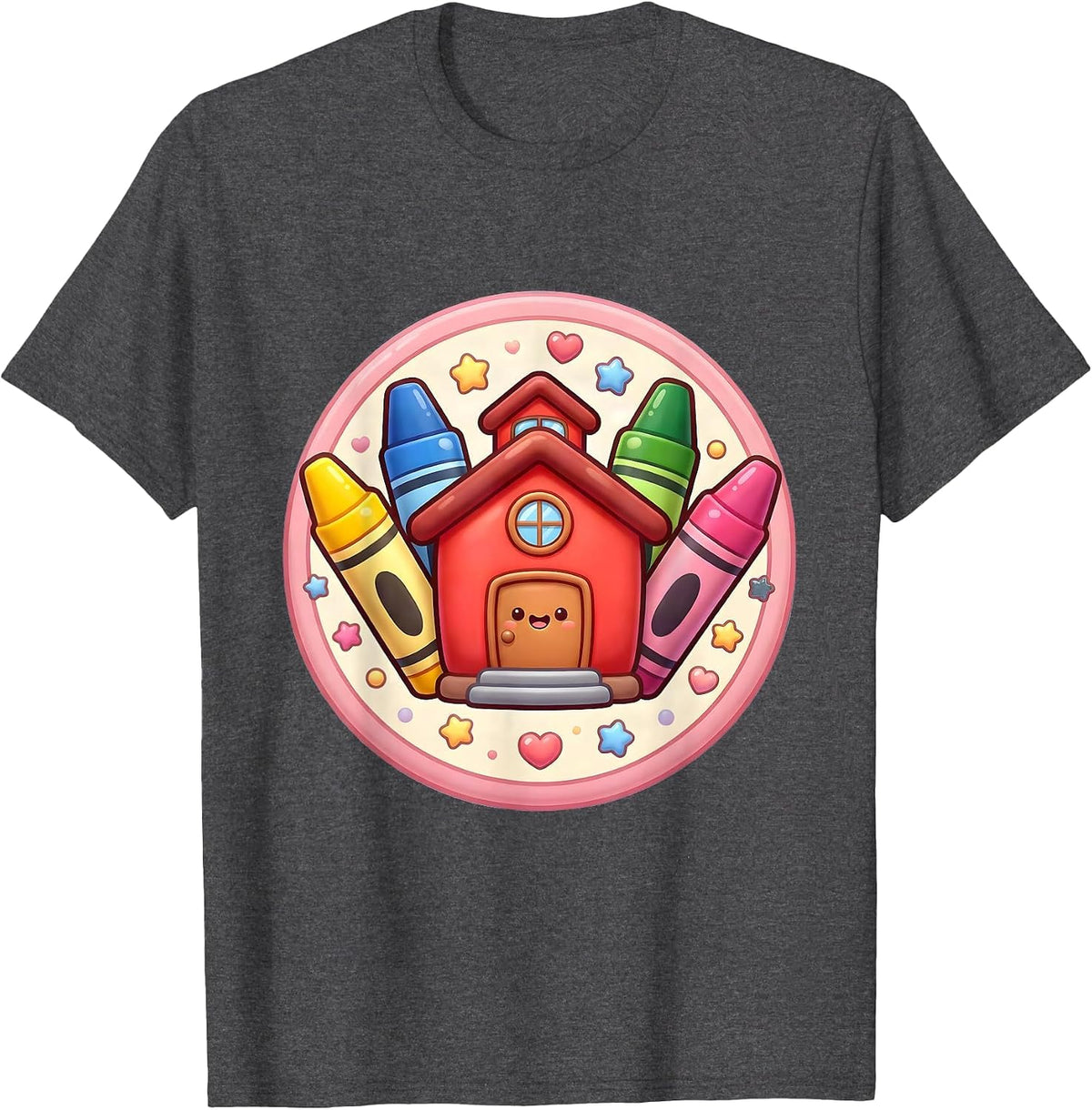 Men's Kindergarten Teacher Schoolhouse Crayon Art T-Shirt - Dark Heather Grey