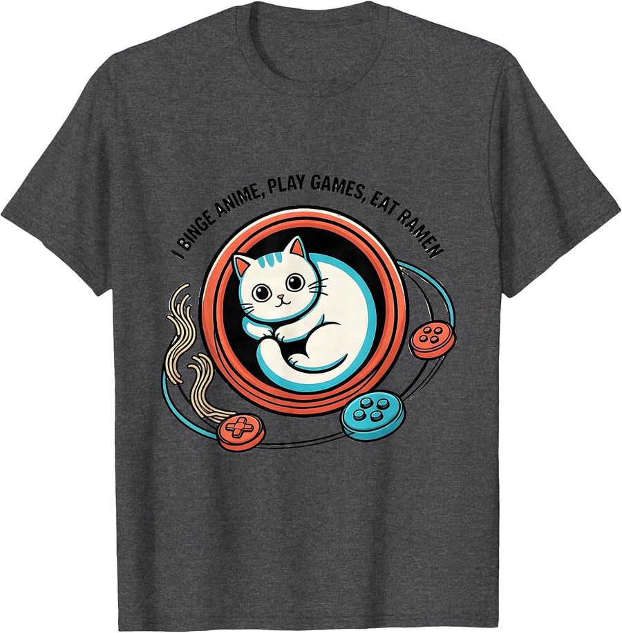 Men's I Binge Anime Play Games Eat Ramen Kawaii Cat Gamer Humor T-Shirt - Dark Heather Grey