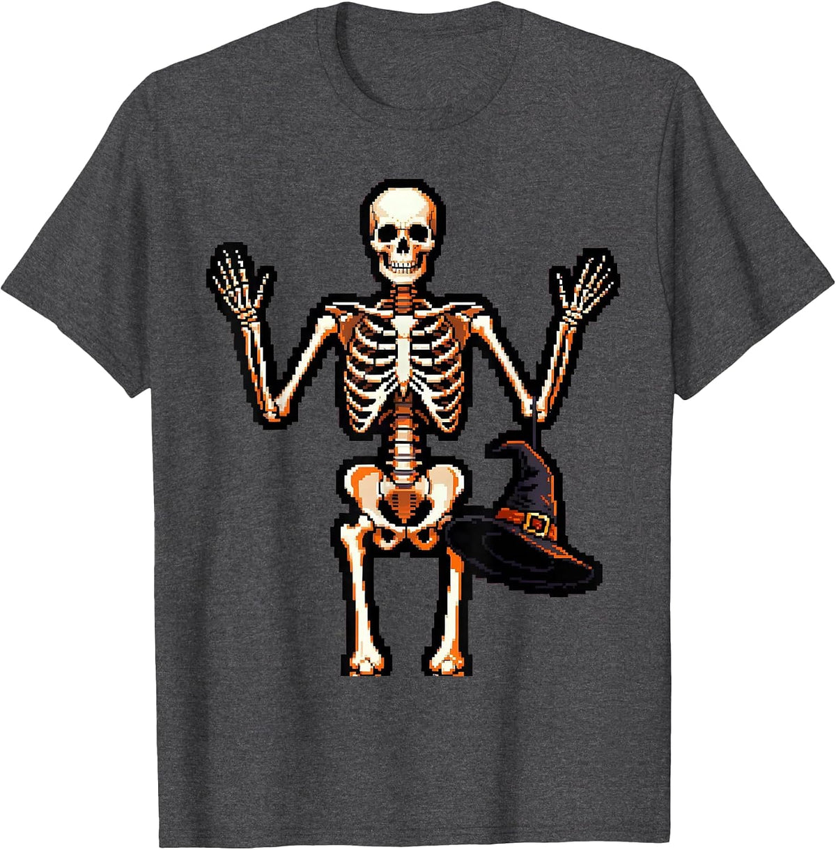 Dabbing Skeleton Pixel Art Halloween Meme Humor T-Shirt - Dark Heather Grey