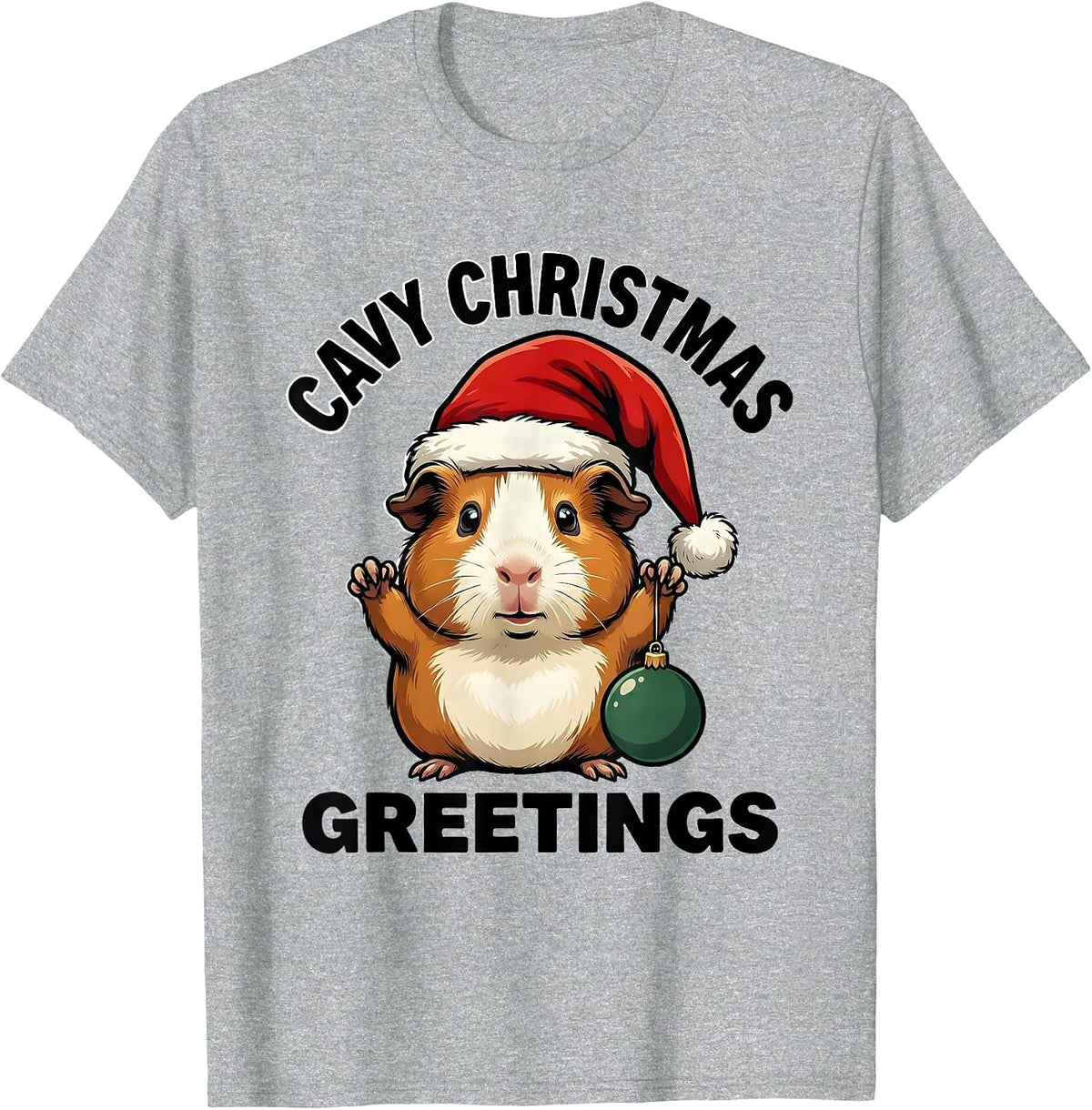 Men's Cavy Christmas Greetings Cartoon Guinea Pig Santa Hat Humor T-Shirt - Heather Grey