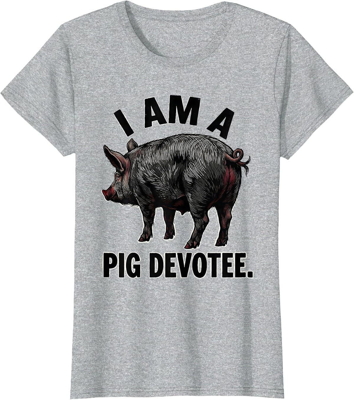 Women's I Am A Pig Devotee Funny Pig Lover Linocut Farm Animal Humor T-Shirt - Heather Grey