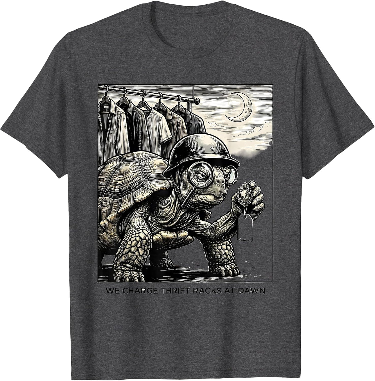 We Charge Thrift Racks At Dawn Funny Tortoise Vintage T-Shirt - Dark Heather Grey