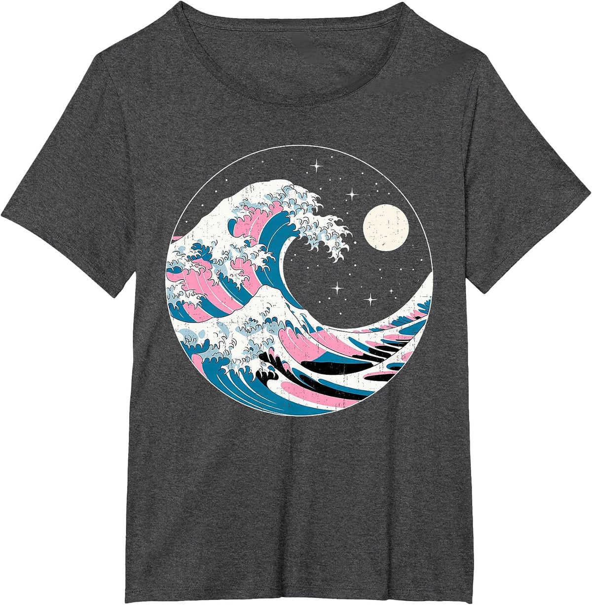 LGBTQ Pride Wave in Japanese Style Under Starry Night Moon T-Shirt - Dark Heather Grey