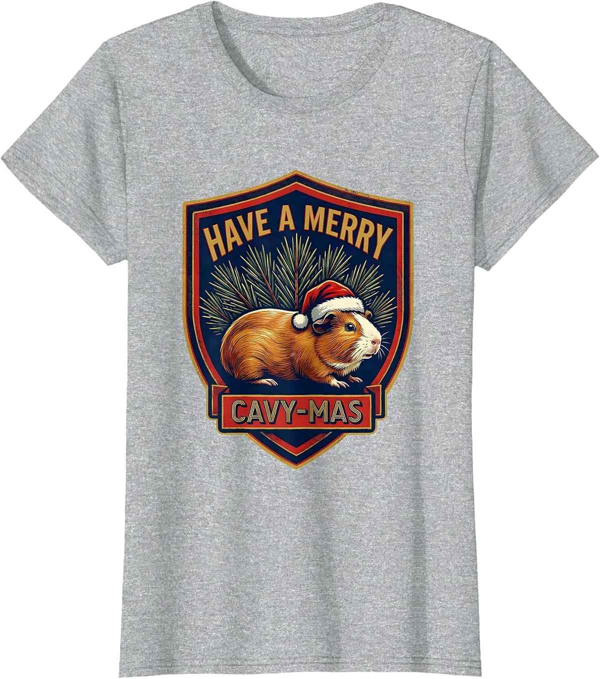 Women's Have A Merry Cavy-mas Funny Guinea Pig Christmas Santa Hat T-Shirt - Heather Grey