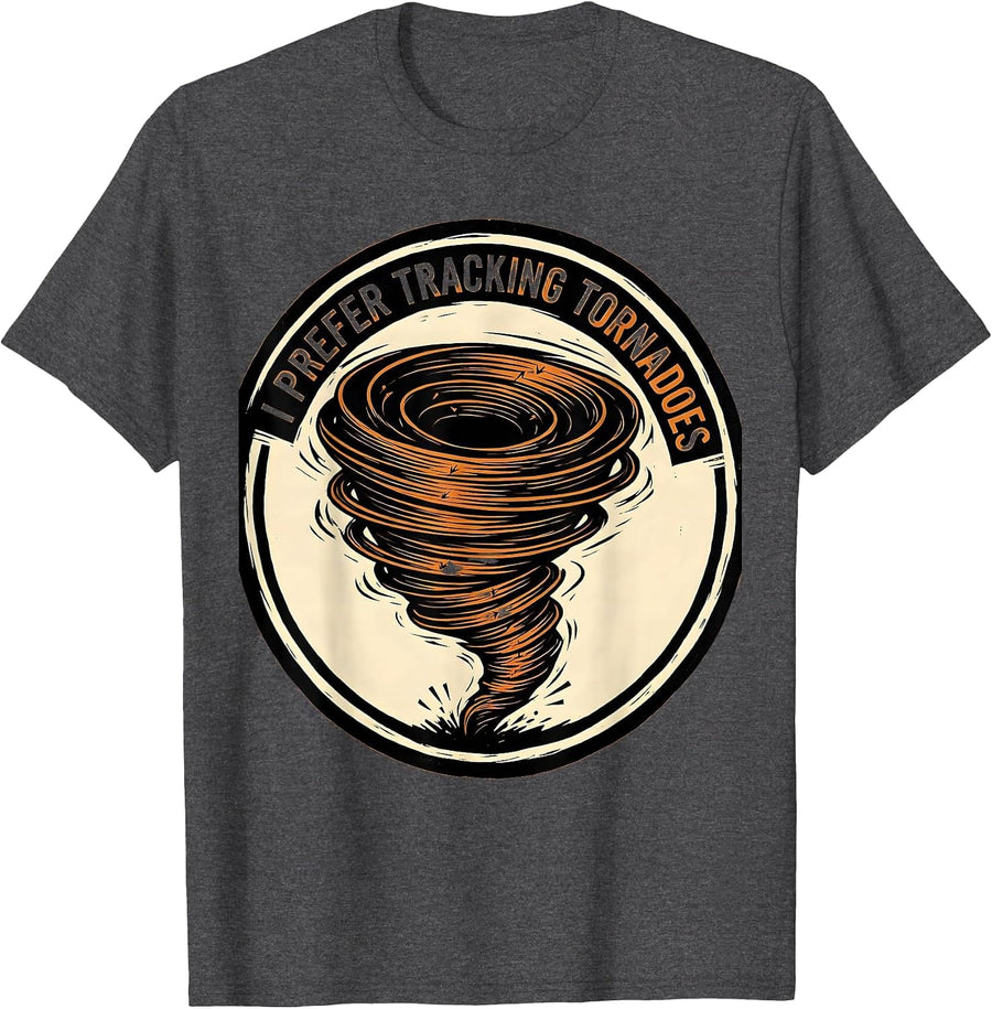 Men's I Prefer Tracking Tornadoes Linocut Storm Chaser Meteorology T-Shirt - Dark Heather Grey
