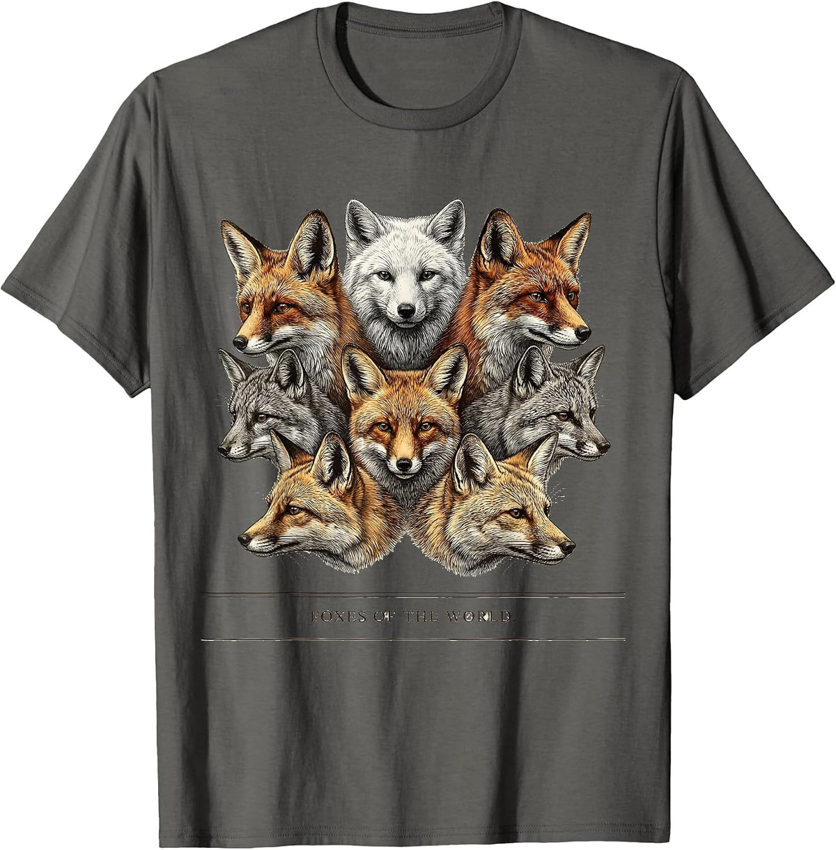 Foxes Of The World Crosshatch Etching Animal Lover Gift T-Shirt - Asphalt Grey