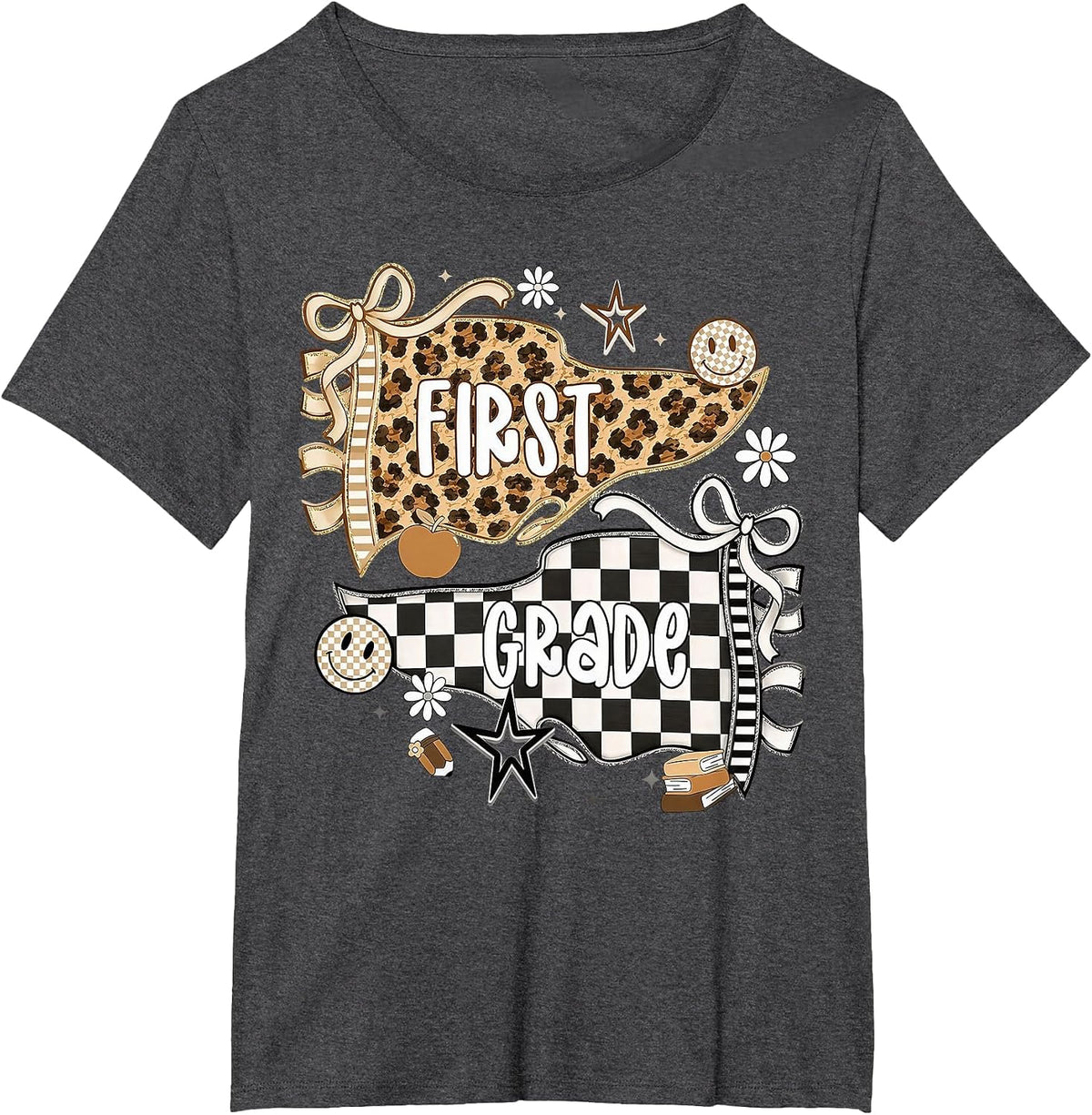 First Grade Leopard Teacher Pennant Flag Back to School T-Shirt - Dark Heather Grey